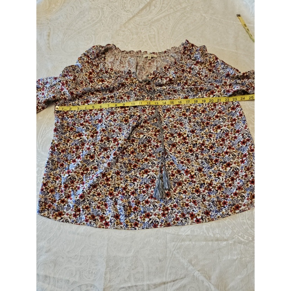 Max Studio Blouse Women M Floral Boho Puff Smocked Sleeve Tassels Flowy Prairie - Picture 14 of 16